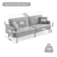 American Furniture Classics Light Grey Tufted Futon Convertible Sofa Sleeper With Two Throw Pillows Velvet, 85