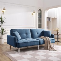 American Furniture Classics Blue Tufted Futon Convertible Sofa Sleeper With Two Throw Pillows Velvet, 85