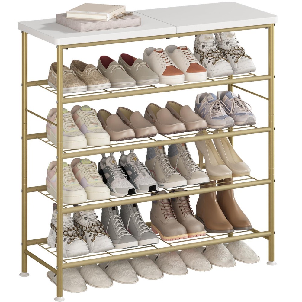 Suoernuo Shoe Rack Organizer 5 Tier For Closet Entryway Free Standing Metal Storage Shoe Shelf With Mdf Top Board