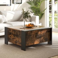 Tangkula Square Farmhouse Coffee Table With Hidden Storage, Wood Center Table With Sliding Top, 5 Support Feet, Rustic Extendable Cocktail Table For Living Room Office (Rustic Brown, Retro)