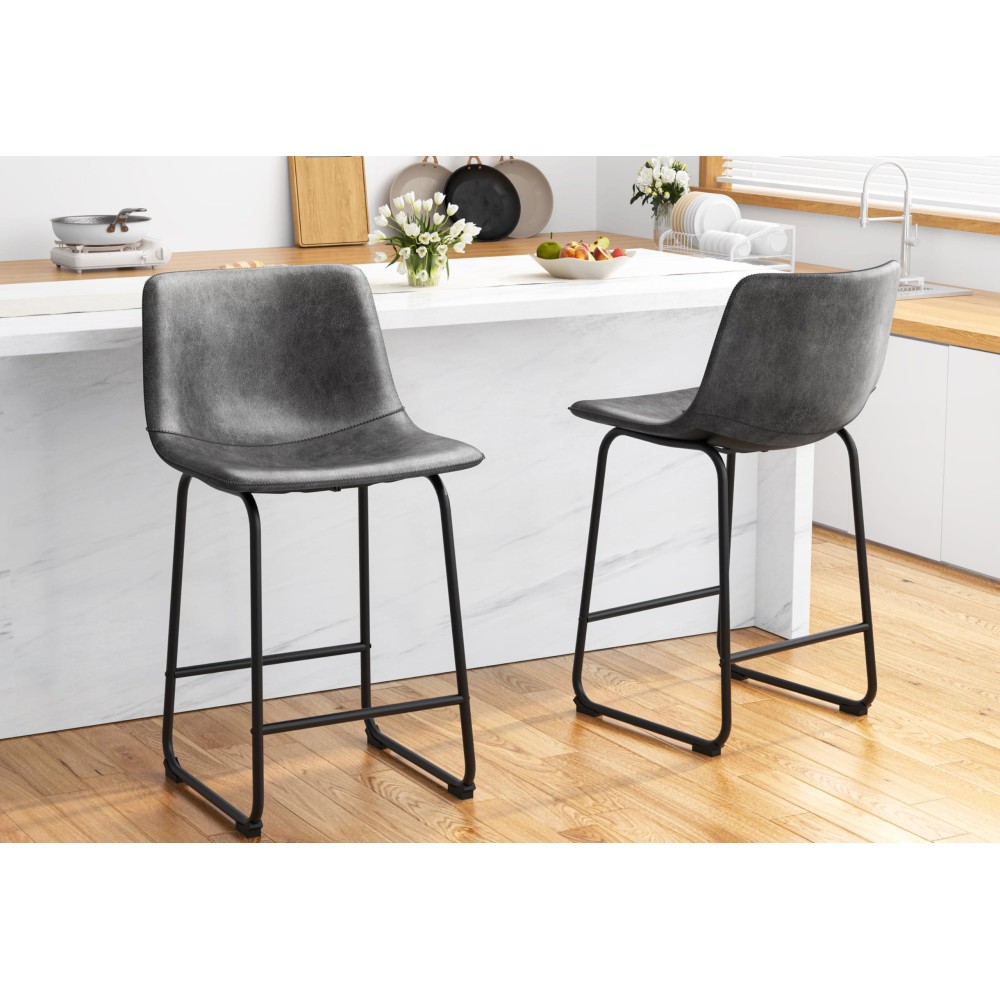 Reoney Bar Stools Set Of 2 Pu Leather Counter Height Bar Stools 26 Modern Bar Stools With Metal Legs And Footrest Urban Arm