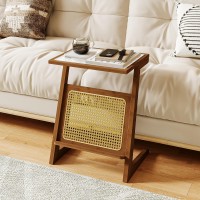 Bamworld Rattan Side Table Z Shape Mid Century Modern End Table Glass Bedside Table Small Boho Tables Bamboo Coffee Table With Storage For Living Room Bedroom