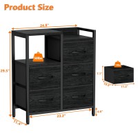 Furnulem 5 Drawer Black Dressers For Bedroom 2 Tier Shelf Storage Small Fabric Dresser For Closet Sturdy Metal Frame Modern Dresser Bedroom Dresser With Drawers For Hallway Rooms