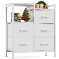 Furnulem 5 Drawer White Dressers For Bedroom Tall 2 Tier Shelf Storage Small Fabric Dresser For Closet Sturdy Metal Frame Modern