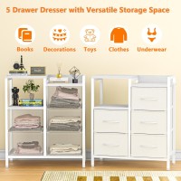 Furnulem 5 Drawer White Dressers For Bedroom Tall 2 Tier Shelf Storage Small Fabric Dresser For Closet Sturdy Metal Frame Modern