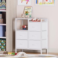 Furnulem 5 Drawer White Dressers For Bedroom Tall 2 Tier Shelf Storage Small Fabric Dresser For Closet Sturdy Metal Frame Modern