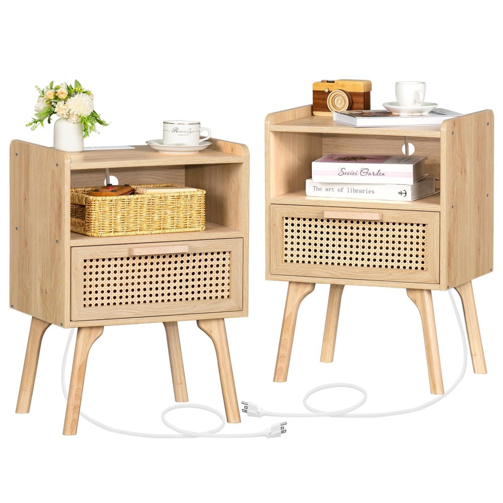 Lerliuo Rattan Nightstands Set Of 2 With Charging Station Boho Side Table With Drawer Open Shelf Cane Accent Bedside End Table