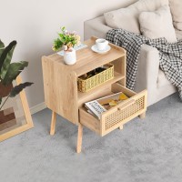 Lerliuo Rattan Nightstands Set Of 2 With Charging Station Boho Side Table With Drawer Open Shelf Cane Accent Bedside End Table