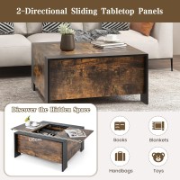 Costway Sliding Top Coffee Table With Hidden Storage, 36.5??Square Pull Out Center Table W/ 5 Support Feet, Extendable Cocktail Table For Small Space, Living Room, Office (Rustic Brown)