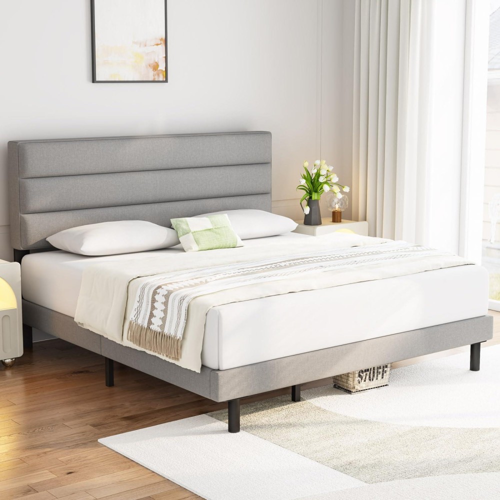 Iyee Nature Twin Bed With Headboard,Sturdy Platform Bed With Wooden Slats Support,No Box Spring,Mattress Foundation,Easy Assembly,Grey