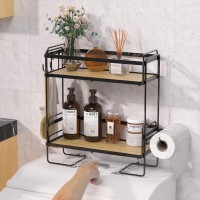 Nutsaakk Bathroom Over The Toilet Storage Shelf, 2-Tier Bathroom Organizer Over Toilet With Wooden Bottom Plate, Above Toilet Storage With Non-Trace Adhesive, Toilet Paper Holder (Black Wooden)