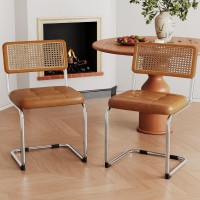 Alunaune Modern Mid Century Brown Dining Chairs Set Of 2, Upholstered Natural Rattan Kitchen Chairs, Armless Accent Chair Side Chairs With Metal Chrome Legs For Bedroom Living Room-Pu Seat