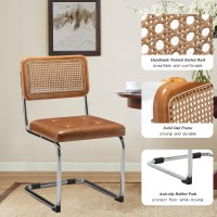 Alunaune Modern Mid Century Brown Dining Chairs Set Of 2, Upholstered Natural Rattan Kitchen Chairs, Armless Accent Chair Side Chairs With Metal Chrome Legs For Bedroom Living Room-Pu Seat