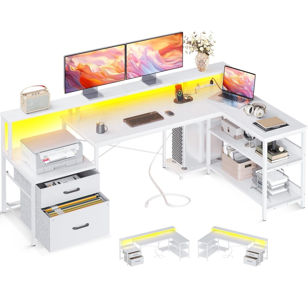 Odk L Shaped Desk With File Drawer 66 Reversible L Shaped Computer Desk With Power Outlet Led Strip Home Office Desk With