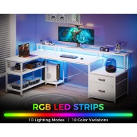 Odk L Shaped Desk With File Drawer 66 Reversible L Shaped Computer Desk With Power Outlet Led Strip Home Office Desk With