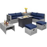 Tangkula 9 Pcs Patio Furniture Set With 42??60,000 Btu Fire Pit, Outdoor Space-Saving Sectional Sofa Set With Storage Box, Csa & Etl Approved Propane Fire Pit Table, Waterproof Covers Included (Navy)