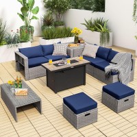 Tangkula 9 Pcs Patio Furniture Set With 42??60,000 Btu Fire Pit, Outdoor Space-Saving Sectional Sofa Set With Storage Box, Csa & Etl Approved Propane Fire Pit Table, Waterproof Covers Included (Navy)