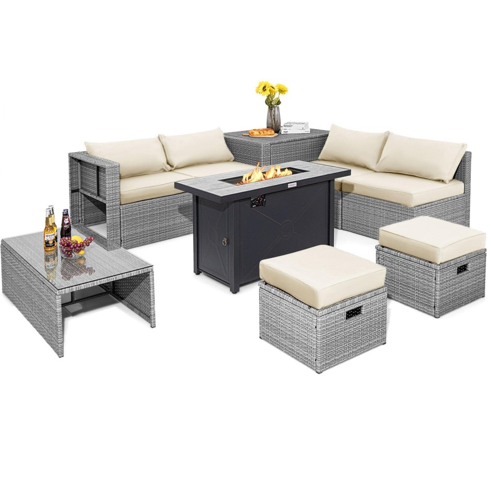 Tangkula 9 Pcs Patio Furniture Set With 42??60,000 Btu Fire Pit, Outdoor Space-Saving Sectional Sofa Set With Storage Box, Csa & Etl Approved Propane Fire Pit Table, Waterproof Covers Included