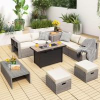 Tangkula 9 Pcs Patio Furniture Set With 42??60,000 Btu Fire Pit, Outdoor Space-Saving Sectional Sofa Set With Storage Box, Csa & Etl Approved Propane Fire Pit Table, Waterproof Covers Included