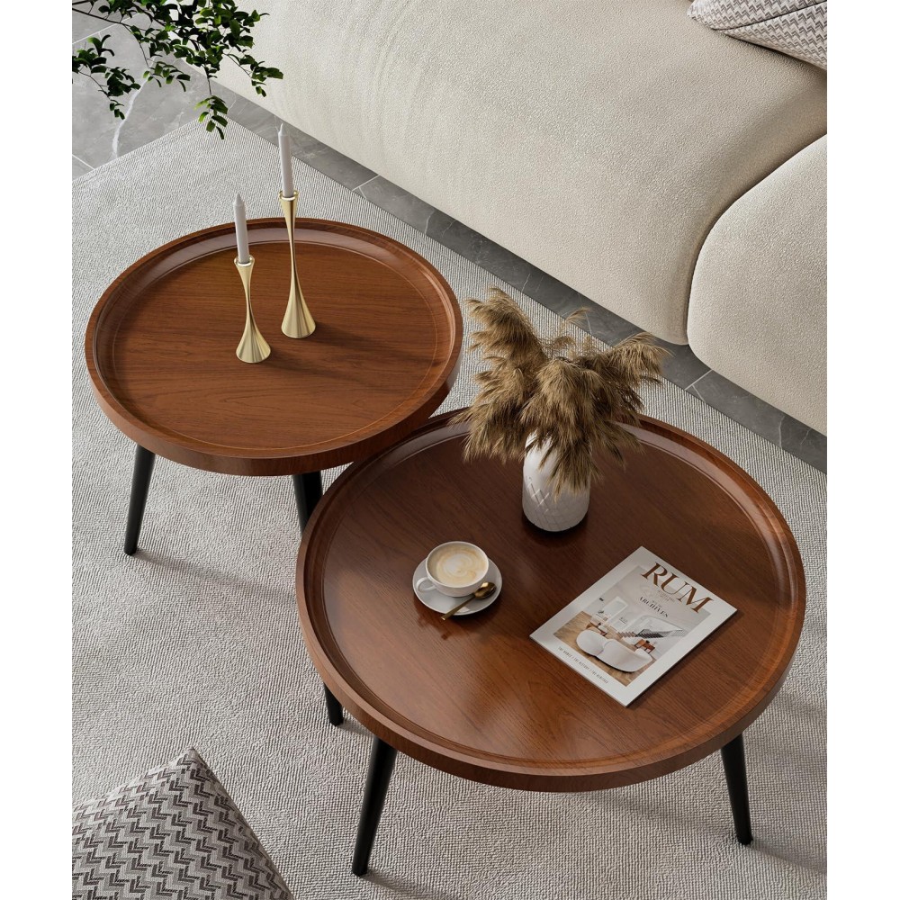 IKSII 2-Piece Set Modern Round Coffee Tables for Living Room,Easy Assembly Nesting Coffee Tables for Small Space,Brown Walnut Color Circle Side Tea Tables for Bedroom Office Balcony Yard
