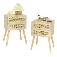 Awasen Night Stand Set 2, Nightstand Set Of 2 With Drawers, Bedside Table With Storage And Solid Wood Legs, Rattan Side Table End Table For Bedroom, Living Room (Natural)