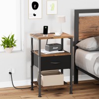 Fixwal Night Stand With Charging Station Adjustable Bed Side Table With Fabric Drawer Farmhouse End Table Bedside Table With