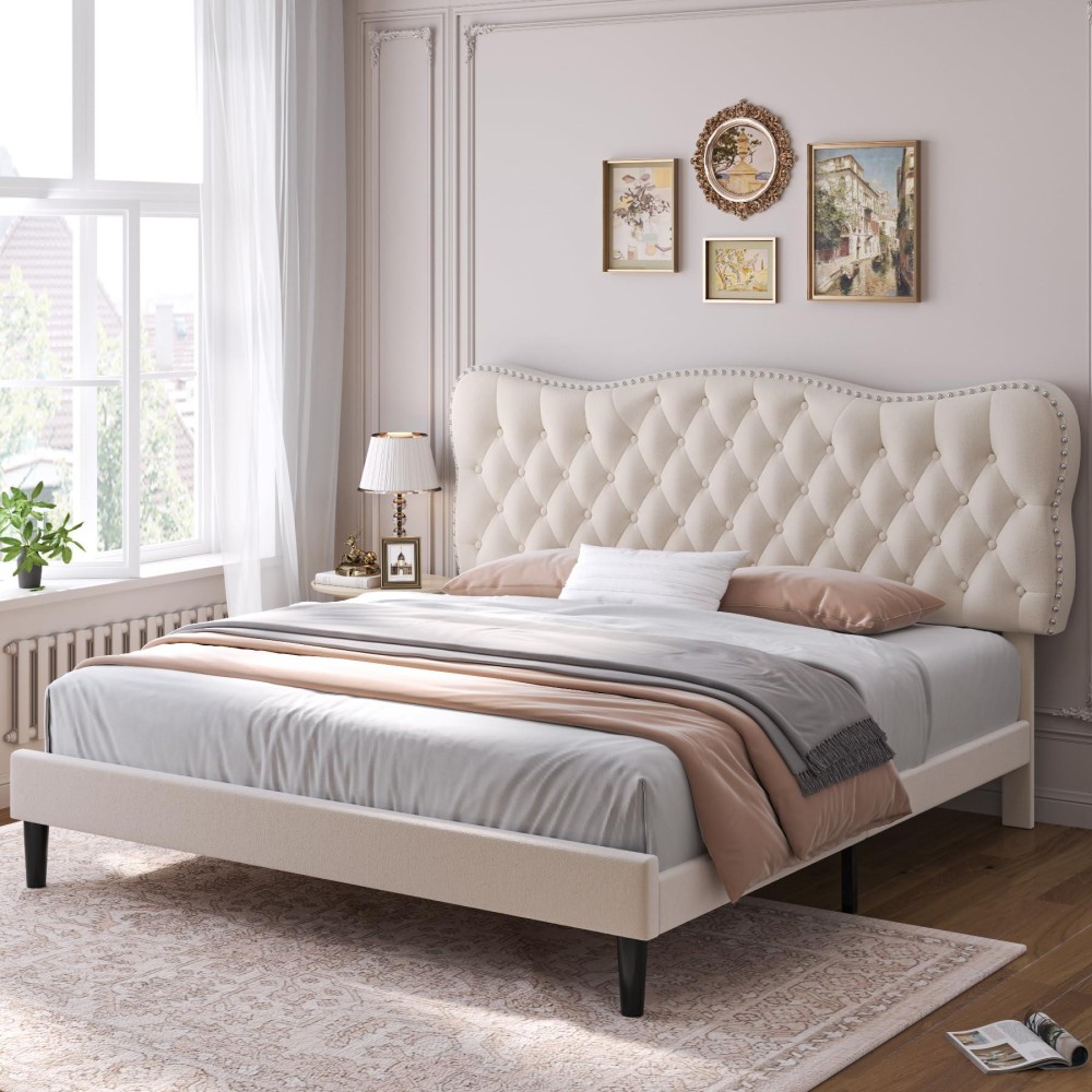 Hostack King Size Bed Frame, Velvet Upholstered Platform Bed Frame With Adjustable Headboard, Diamond Tufted Mattress Foundation With Wood Slats, Easy Assembly, No Box Spring Needed, (King, Cream)