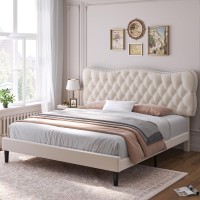 Hostack Full Size Bed Frame, Velvet Upholstered Platform Bed Frame With Adjustable Headboard, Diamond Tufted Mattress Foundation With Wood Slats, Easy Assembly, No Box Spring Needed, (Full, Cream)