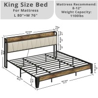 Likimio King Bed Frame, Storage Headboard With Charging Station, Solid And Stable, Noise Free, No Box Spring Needed, Easy Assembly (Walnut And Beige)