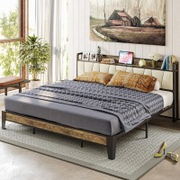 Likimio King Bed Frame, Storage Headboard With Charging Station, Solid And Stable, Noise Free, No Box Spring Needed, Easy Assembly (Walnut And Beige)