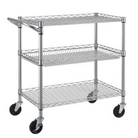 Finnhomy 3 Tier Heavy Duty Commercial Grade Utility Cart, Wire Rolling Cart With Handle Bar, Steel Service Cart With Wheels, Kitchen Cart On Wheels, Food Storage Trolley, Nsf Listed, Black