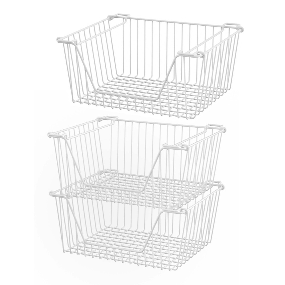 Wire Storage Baskets Stackable Cabinet Organizer Sturdy Metal Wire Pantry Freezer Bin With Handle For Pantry Home Bathroom Kitchen Fruit Vegetable Organization,White,3Packs
