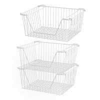 Wire Storage Baskets Stackable Cabinet Organizer Sturdy Metal Wire Pantry Freezer Bin With Handle For Pantry Home Bathroom Kitchen Fruit Vegetable Organization,White,3Packs