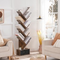 Mahancris Tree Bookshelf, 9-Tier Bookshelf With Drawer, Wooden Book Storage Rack, Floor Standing Bookcase, Utility Organizer Shelves For Cds/Books/Movies, For Home Office, Rustic Brown Bkr7101