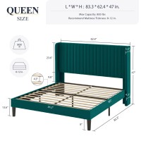 Allewie Queen Size Bed Frame/Velvet Upholstered Platform Bed/Vertical Channel Tufted Wingback Headboard/Strong Wooden Slats/No Box Spring Needed/Easy Assembly/Teal