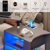 Hnebc Led Nightstand With Wireless Charging Station,Grey Nightstand Has Adjustable Rotary Table,Bedside Tables With One Drawer And 2 Mezzanines/Infrared Induction 3 Color Lighting (On The Right)