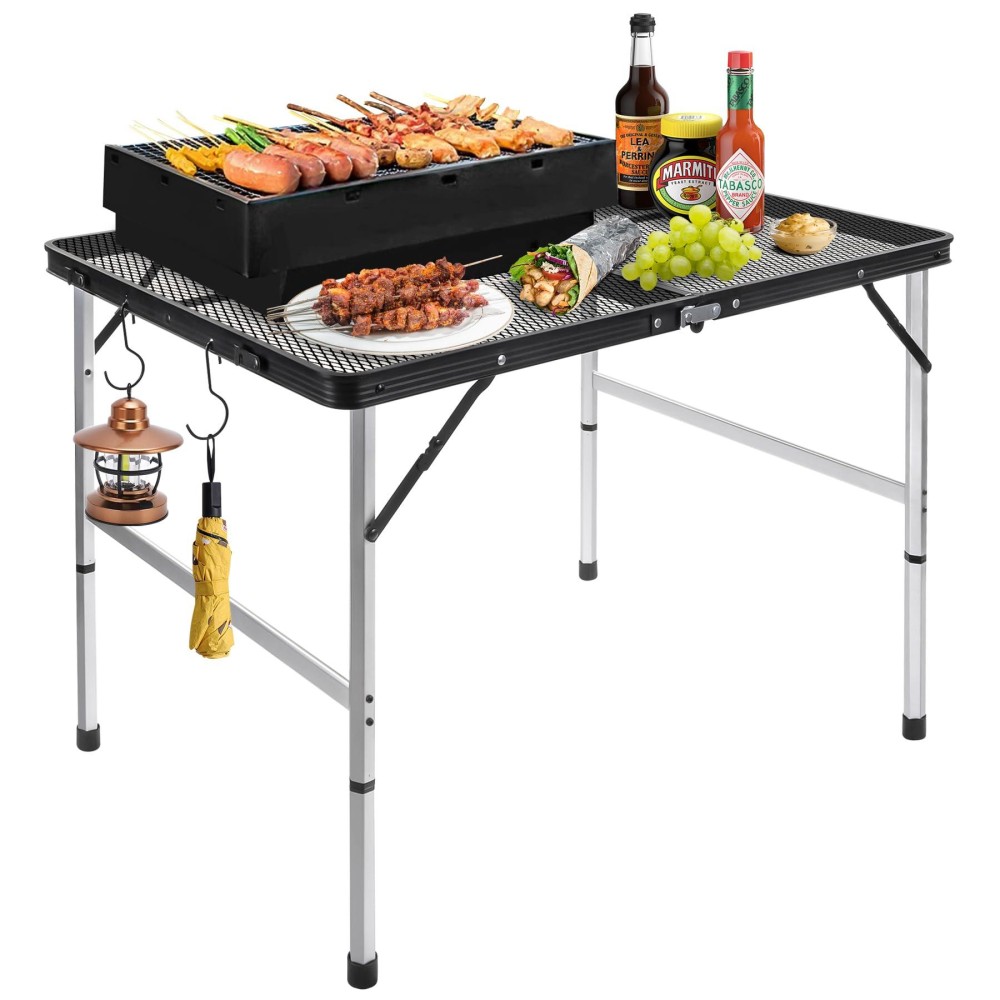Jkwokback 3Ft X 2Ft Grill Table Portable Camping Table,Waterproof Black Folding Table With Adjustable Height Camping Table,Folding Camp Table For Bbq,Camping,Outdoor Sports,Beaches And Picnics