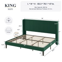 Allewie King Size Bed Frame/Velvet Upholstered Platform Bed/Vertical Channel Tufted Wingback Headboard/Strong Wooden Slats/No Box Spring Needed/Easy Assembly/Green