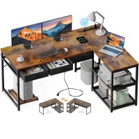 Aodk 53 Inch L Shaped Computer Desk With Drawers Corner Desk With Power Outlets Reversible Storage Shelves Movable Cpu Stand