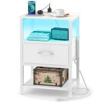 Yoobure White Night Stand With Charging Station Led Nightstand For Bedroom Bedside Tables With Adjustable Fabric Drawer 3Tie