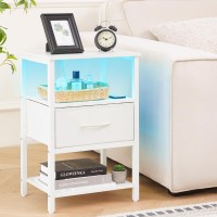 Yoobure White Night Stand With Charging Station Led Nightstand For Bedroom Bedside Tables With Adjustable Fabric Drawer 3Tie