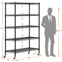 Reibii 73H Storage Shelves 1780Lbs Wire Shelving Unit With Wheels 5 Tier Metal Shelving Heavy Duty Metal Shelves For Storage R