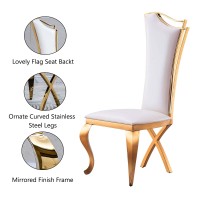 Mcltopz Dining Chair Set of 2, Modern Luxury Dining Room Chairs, Leatherette White Dining Chairs with Golden Harp Backrest and Stainless Steel Legs, High Back Armless Side Chair Dining Chairs