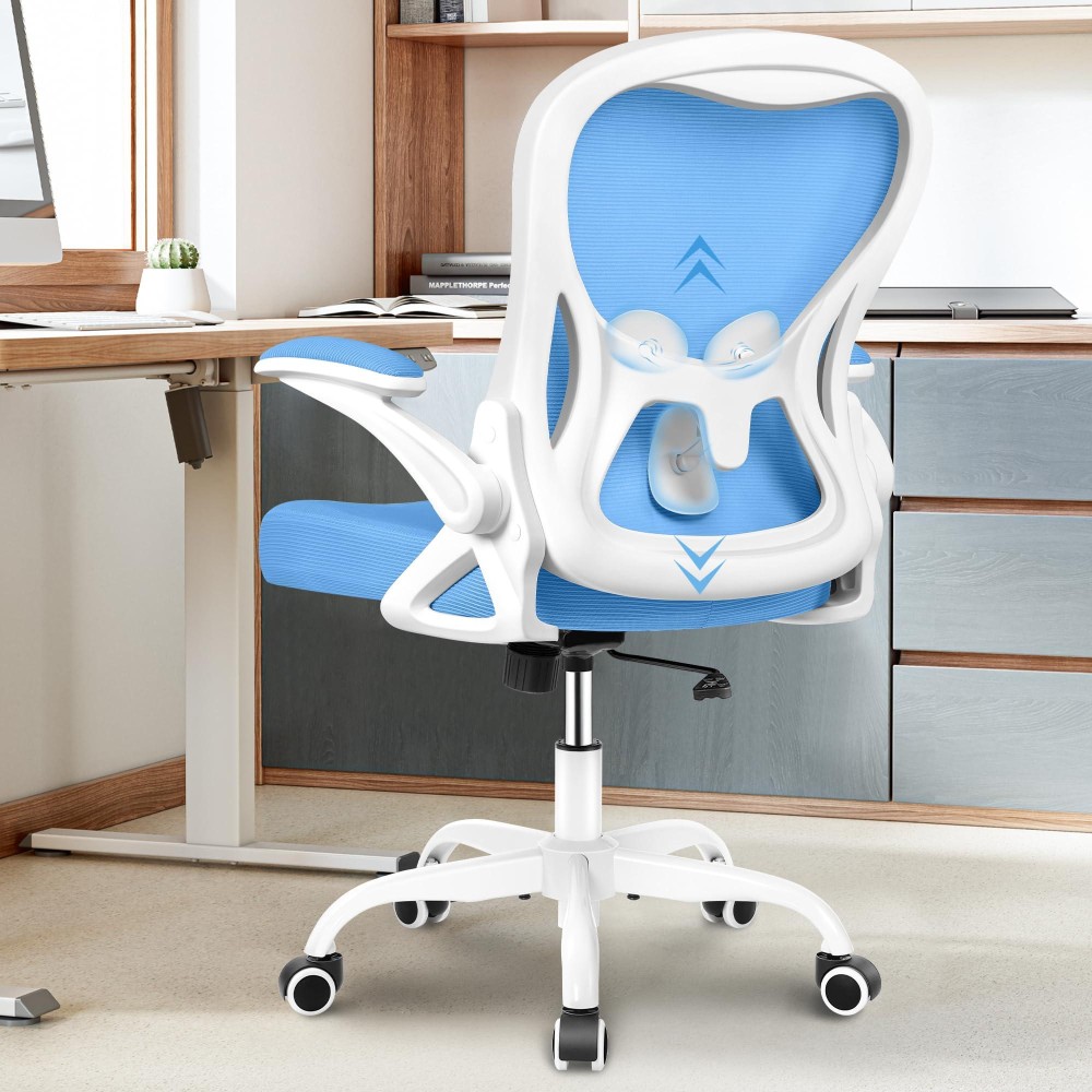 Winrise Office Chair Desk Chair, Ergonomic Mesh Computer Chair Home Office Desk Chairs, Swivel Task Chair Mid Back Breathable Rolling Chair With Adjustable Lumbar Support Flip Up Armrest (Sky Blue)