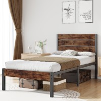 Fluest Twin Bed Frame With Headboard And Footboard, Metal Twin Bed Frame With Under Bed Storage, All-Metal Support System, No Box Spring Needed, Easy Assembly,Rustic Brown