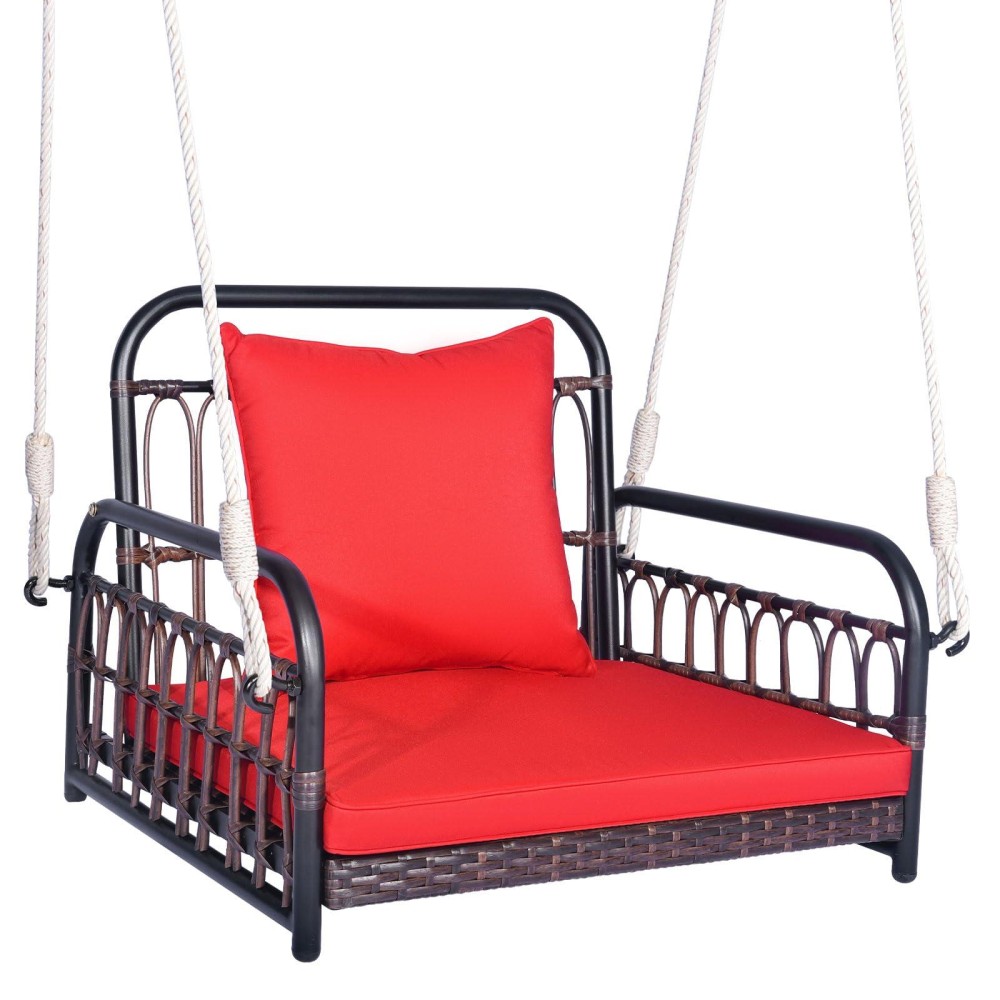 Tangkula Patio Wicker Porch Swing Single Person Hanging Seat With Seat Back Cushions Reinforced Metal Frame 2 Sturdy Hangi