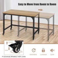 Costway 48??Mobile Computer Desk, Home Office Desk On Wheels, Simple Study Writing Table With 4 Lockable Wheels, Metal Frame, Rolling Laptop Pc Table For Small Space (Natural)