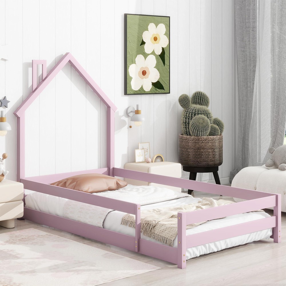 Dolonm Twin Size Montessori Toddler Floor Bed Frame, Modern House-Shaped Frame Headboard Bed With Fences, Pine Wood With Full-Length Guardrails, Bed For Girls Boys(Without Slats), Pink