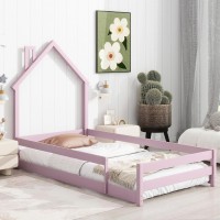 Dolonm Twin Size Montessori Toddler Floor Bed Frame, Modern House-Shaped Frame Headboard Bed With Fences, Pine Wood With Full-Length Guardrails, Bed For Girls Boys(Without Slats), Pink
