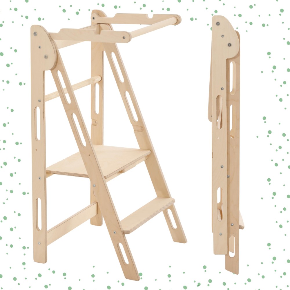 YK KIDS, Foldable Toddler Tower, Step Stool for Kids, Foldable Kitchen Tower for Kids, Step Stool with Safety Rail, Montessori Child Standing Tower, (Natural-Varnished)